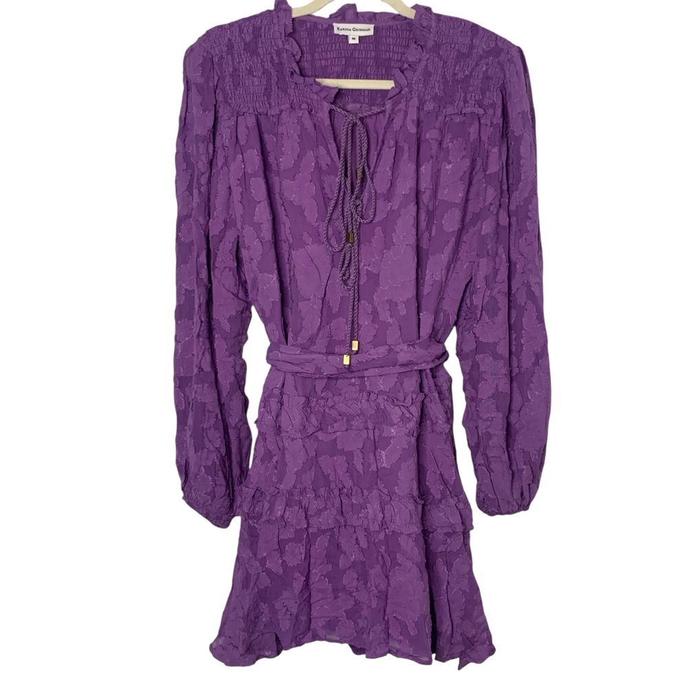 Karina Grimaldi Medium Textured Long Sleeve Belted Purple Feminine Mini Dress